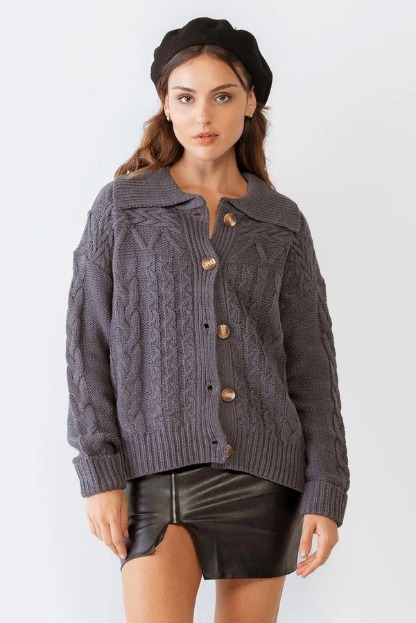 Cable Knit Collared Button-Up Cardigan – Women’s Casual Long Sleeve Sweater