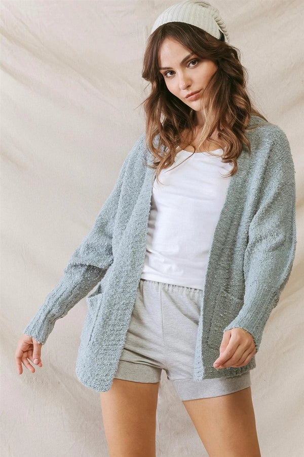 age Textured Knit Open Front Cardigan – Women’s Long Sleeve Sweater with Pockets
