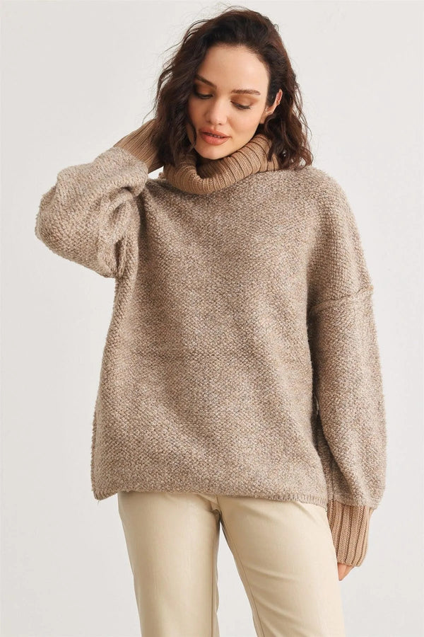 Mocha High Neck Knit Sweater – Women’s Loose Fit Long Sleeve Pullover