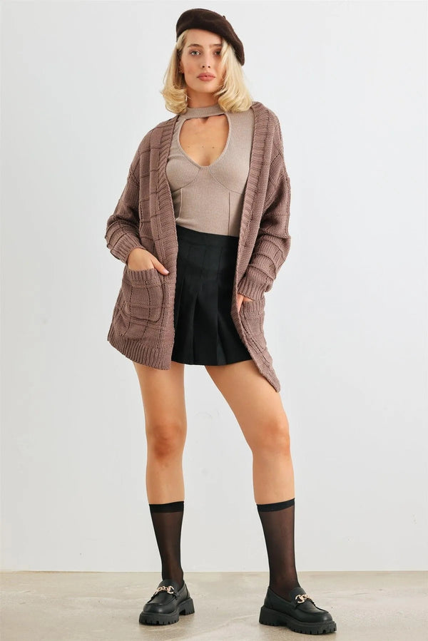 Cocoa Brown Knit Open Front Cardigan – Women’s Long Sleeve Sweater Coat