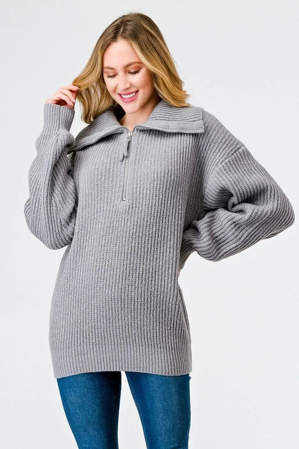 Light Grey Zip-Up Turtleneck Sweater – Women’s Long Sleeve Pullover