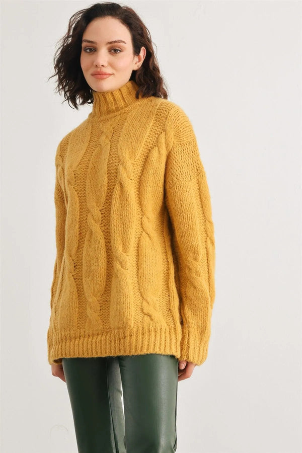 Mustard Turtleneck Cable Knit Sweater – Women’s Warm Long Sleeve Pullover