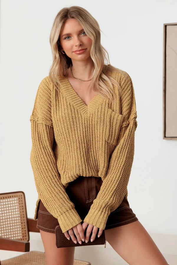 V-Neck Pocket Knit Sweater – Women’s Long Sleeve Pullover