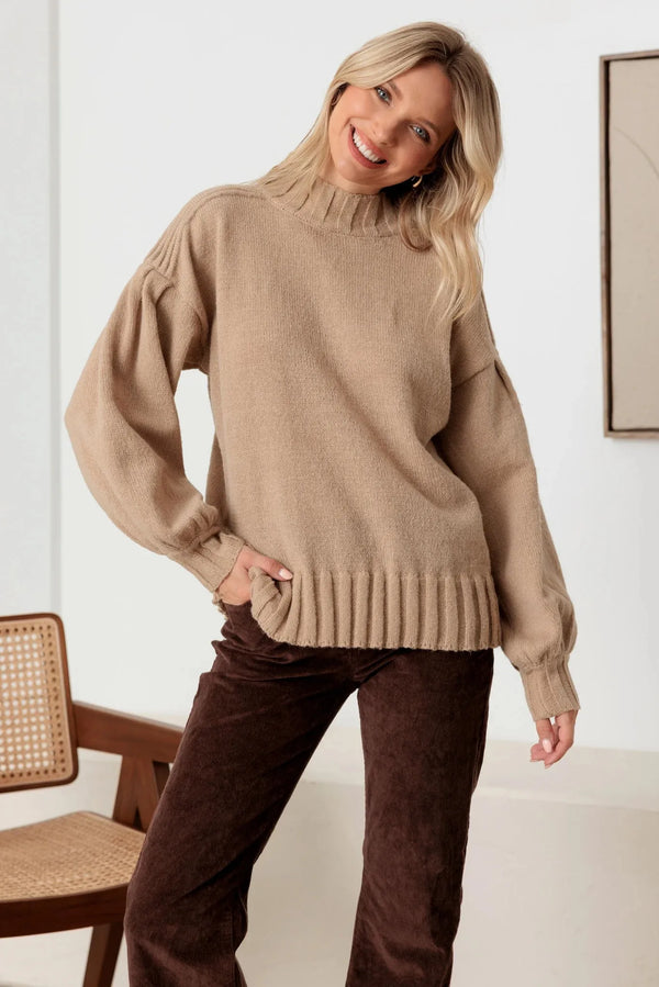 Crew Neck Puff Sleeve Knit Sweater – Women’s Long Sleeve Pullover