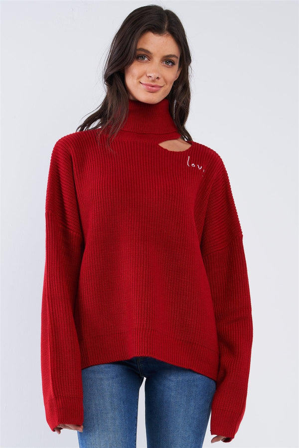 Fire Red “LOVE” Graphic Sweater – Women’s Oversized Dolman Sleeve Turtleneck with Cutout