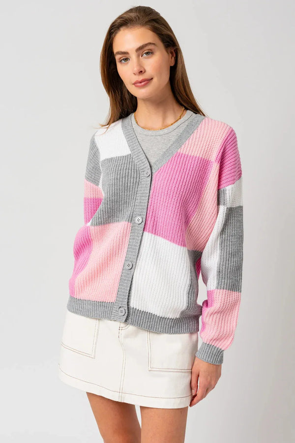Colorblock V-Neck Knit Cardigan – Women’s Long Sleeve Sweater