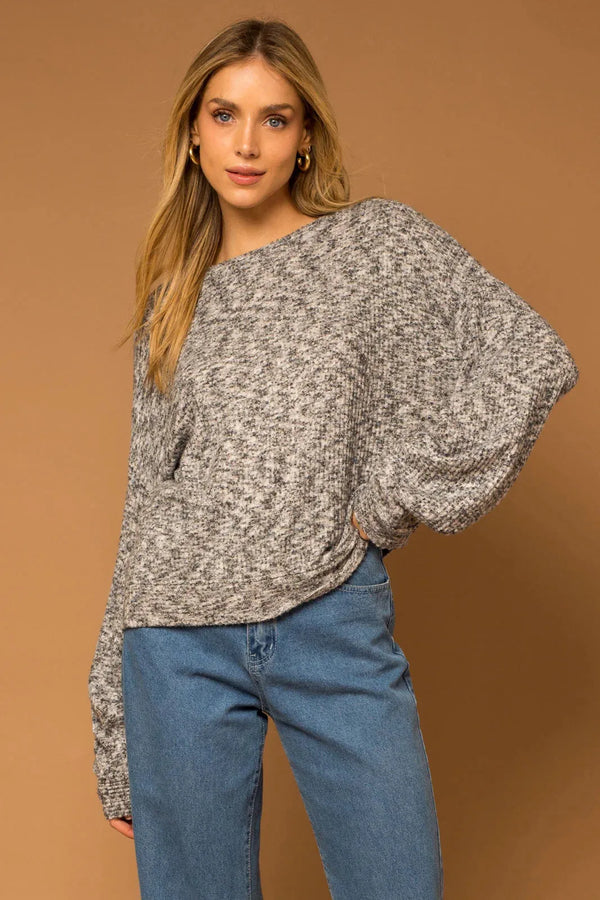 Ruched Sleeve Marled Sweater – Women’s Casual Long Sleeve Knit Top