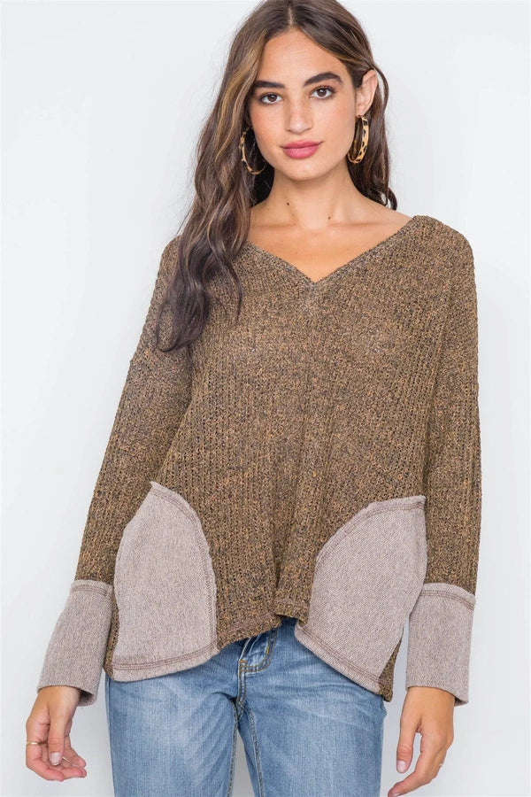 Leaf Pattern V-Neck Sweater – Women’s Long Sleeve Knit Pullover