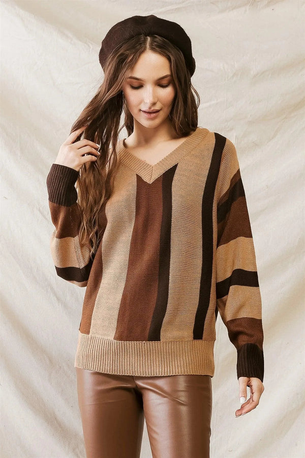 Brown Multi Colorblock V-Neck Knit Sweater – Women’s Long Sleeve Pullover