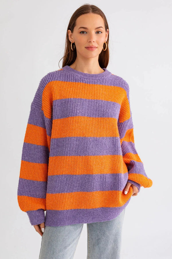 Striped Round Neck Knit Sweater – Women’s Loose Fit Long Sleeve Pullover