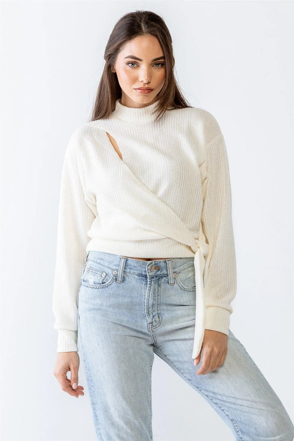 Cream Ribbed Mock Neck Knit Top – Women’s Long Sleeve Pullover with Cut-Out & Tie Hem