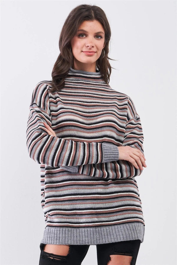 Grey Striped Turtleneck Knit Sweater – Women’s Loose Fit Long Sleeve Pullover