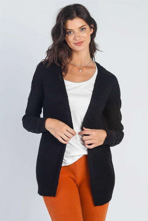 Black Cable Knit Open Front Cardigan – Women’s Long Sleeve Sweater Coat