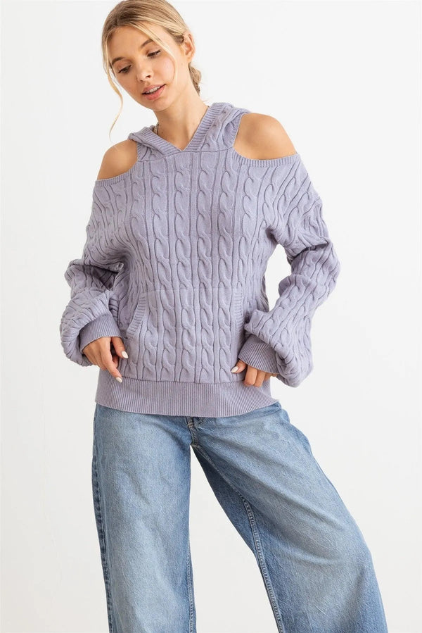 Slate Cable Knit Hooded Sweater – Women’s Cold Shoulder Long Sleeve Pullover
