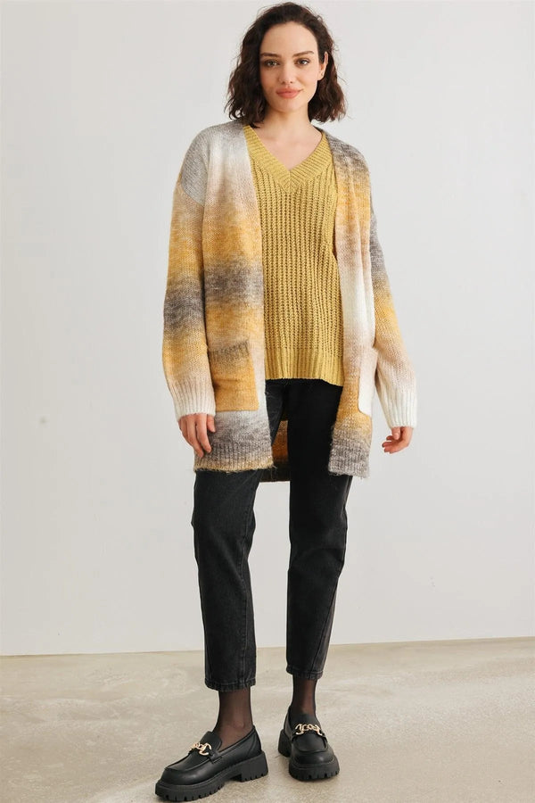 Brown Multi Knit Open Front Cardigan – Women’s Casual Long Sleeve Sweater