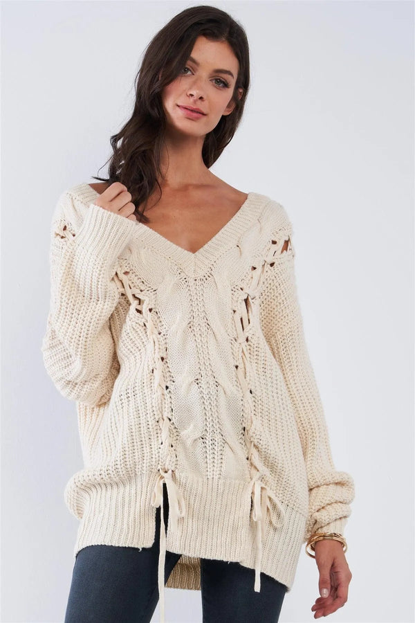 Beige Cable Knit V-Neck Sweater – Women’s Oversized Long Sleeve Pullover with Drawstring