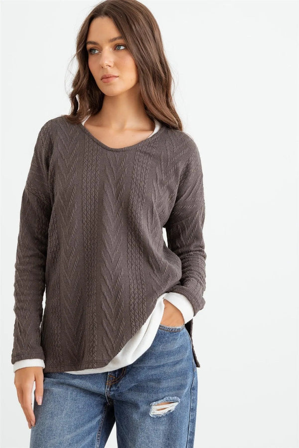 Charcoal Round Neck Knit Top – Women’s Casual Long Sleeve Pullover